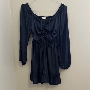 Navy Satin Long Sleeve Mini Dress
